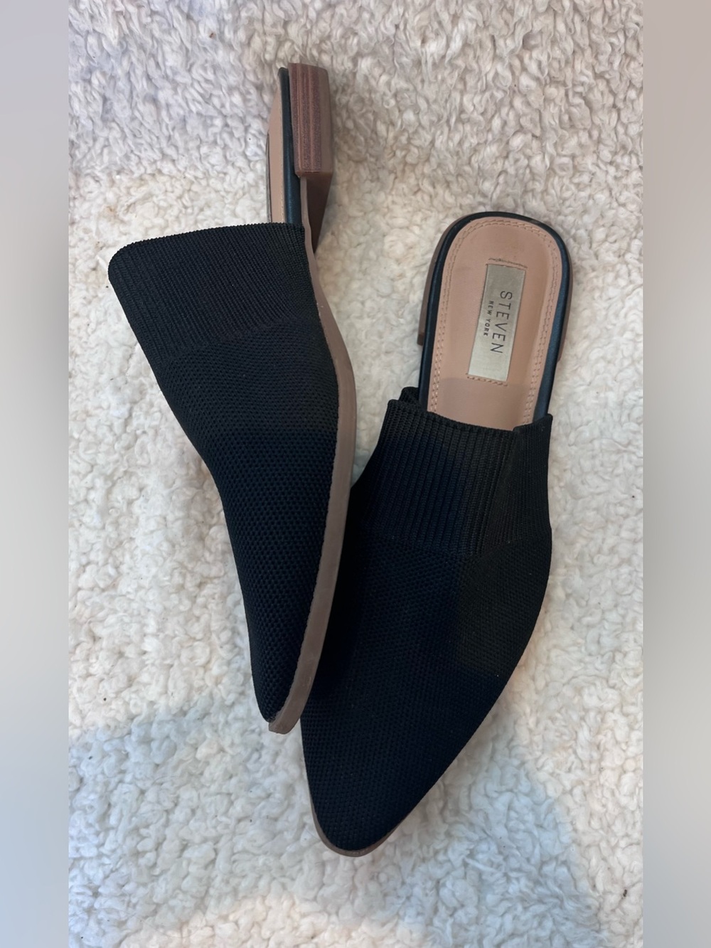 Steven New York Valdez Black Mules 7.5 Stretch Knit Pointed Toe Slides Flats